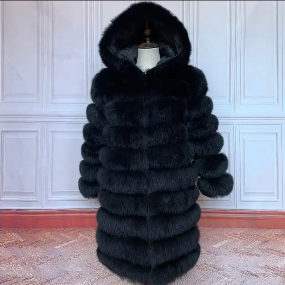 100% Real genuine Fox fur coat with detachable hood and a detachable length.
